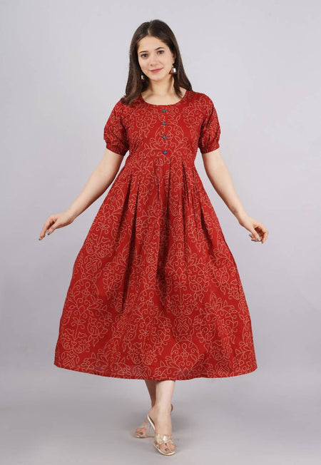 Vamika Red Cotton Printed Party Wear/Casual Wear Kurti