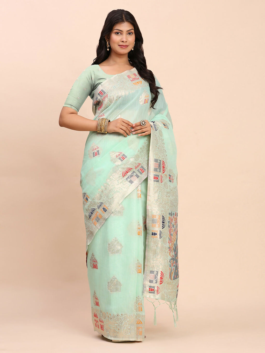 Shree Shyam Fashion Linen Cotton Sea Green Saree - Distacart