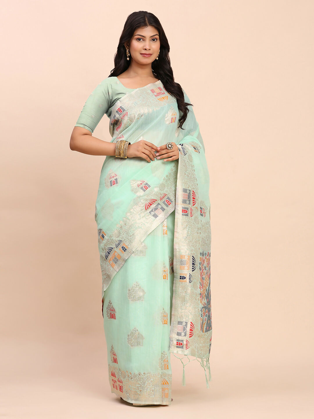 Shree Shyam Fashion Linen Cotton Sea Green Saree - Distacart
