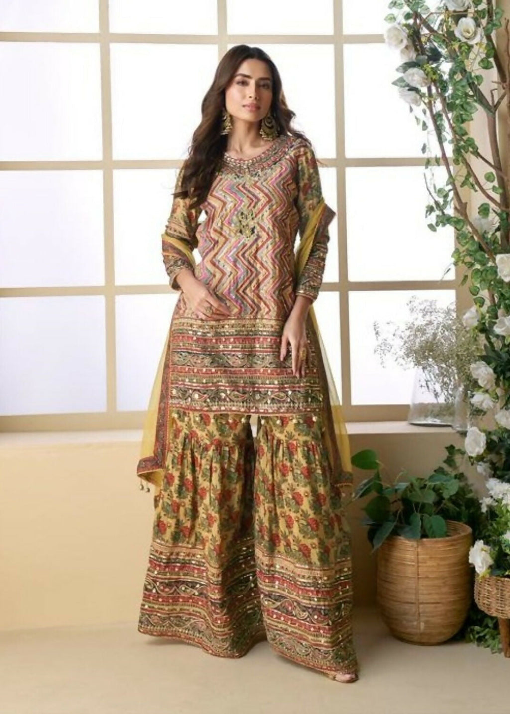 Anaita Yellow Heavy Crepe Silk Ready Made Suit with Multi Digital Printed & Aari Work - Distacart