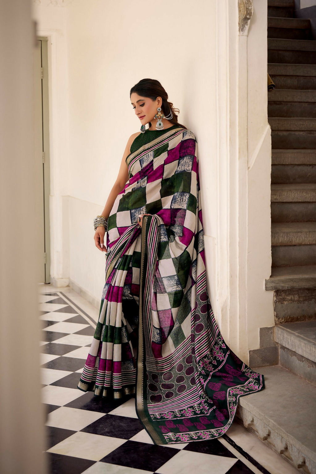 Vastranavya Green Viscose Chanderi Printed with Temple Border Saree & Unstitched Blouse - Distacart