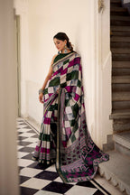 Vastranavya Green Viscose Chanderi Printed with Temple Border Saree & Unstitched Blouse - Distacart