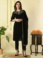 Myshka Women's Black Georgette Kurta & Trousers With Dupatta Party Sets