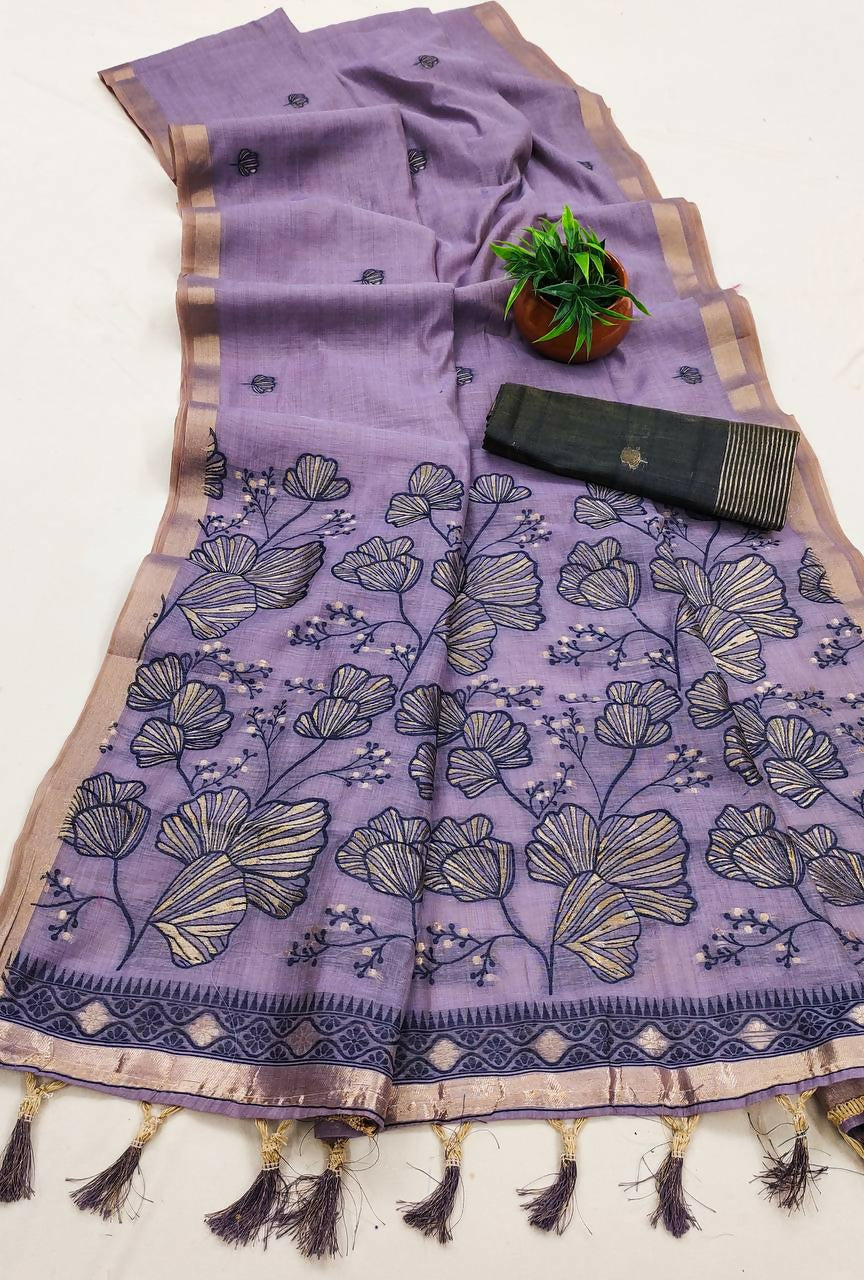 Vastranavya Lavender Muga Cotton Meenakari & Azarakh Pallu Saree with Contrast Blouse - Distacart