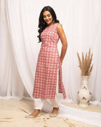 FIORRA Women's Floral Printed Pink Cotton Straight Kurta