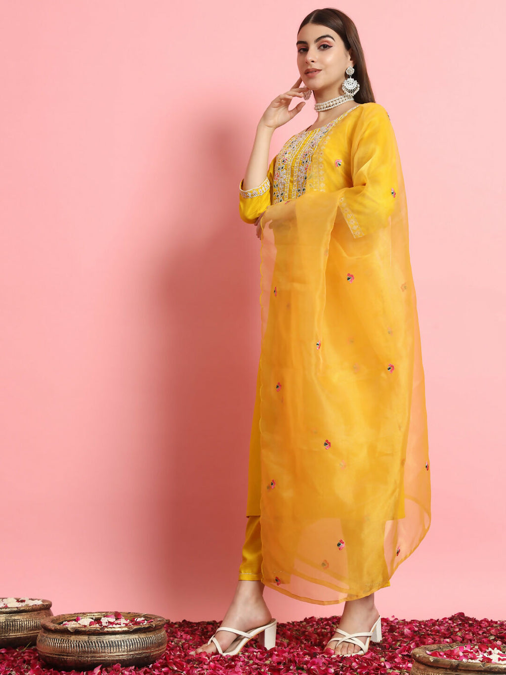 Vellora Sunshine Yellow Silk Blend Embroidered Casual Suit