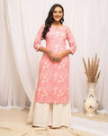 FIORRA Women's Floral Printed Peach Cotton Straight Kurta