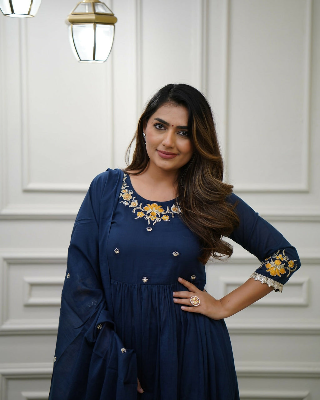 The52 Blue Women's Gorgeous Viscose Fabric Embroidered Work Flared Kurta Pant and Dupatta Set - Distacart