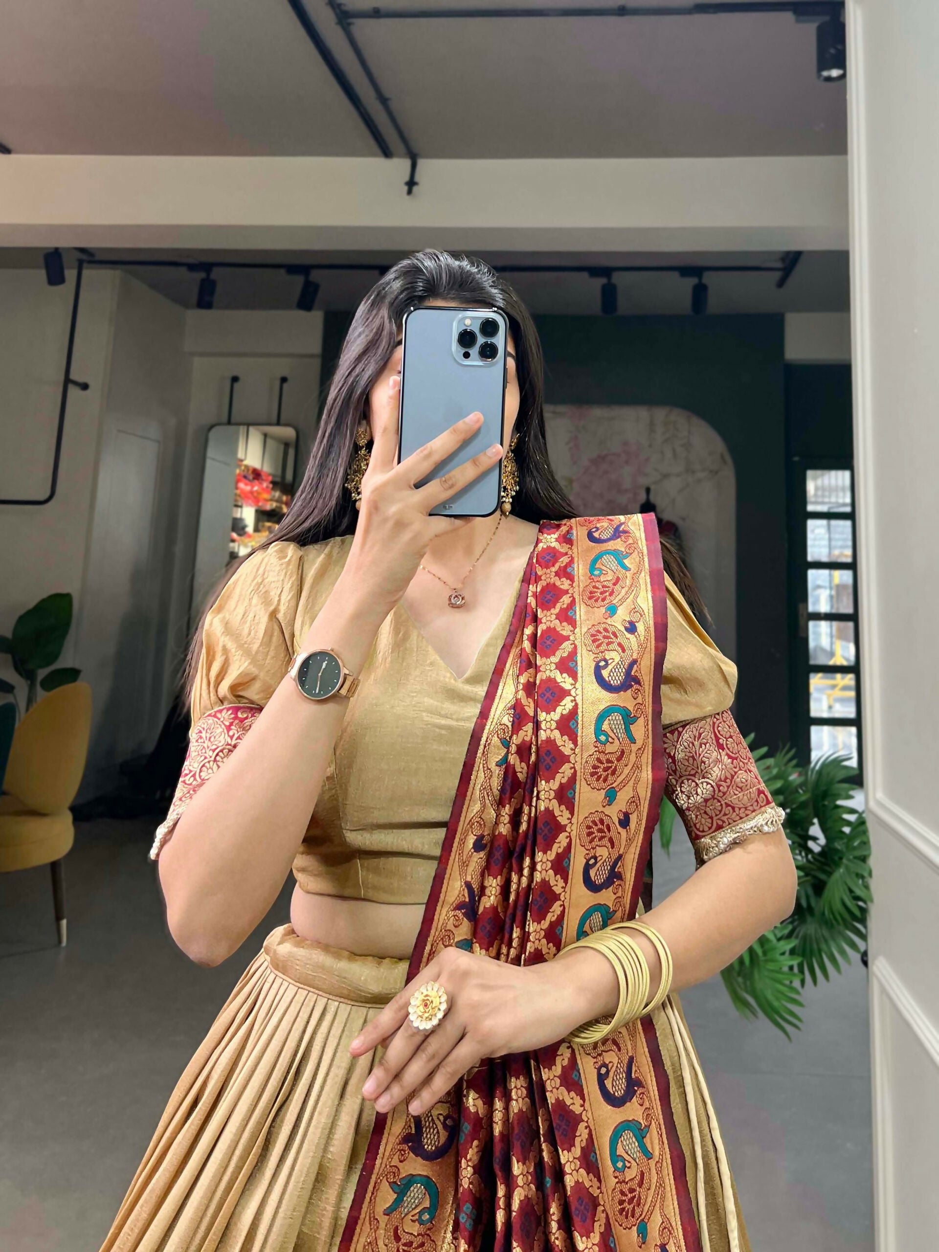 Vastranavya Traditional Jacquard Vichitra Silk Lehenga Choli - Chiku