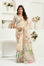 Vastranavya Cream Digital Printed Linen Ready To Wear Designer Saree with Unstitched Blouse - Distacart