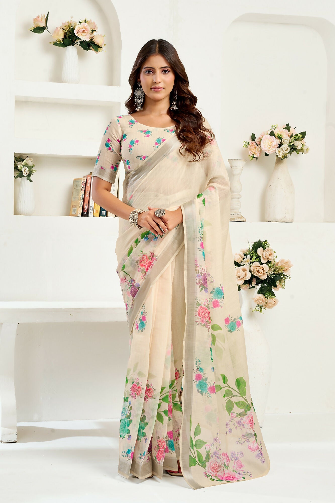 Vastranavya Cream Digital Printed Linen Ready To Wear Designer Saree with Unstitched Blouse - Distacart