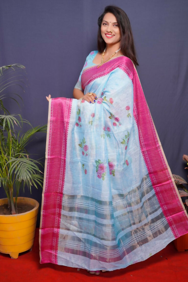 Jyoti Fashion Women's Pink Linen Silk Digital Print with Jacquard Woven Border Saree with Blouse
