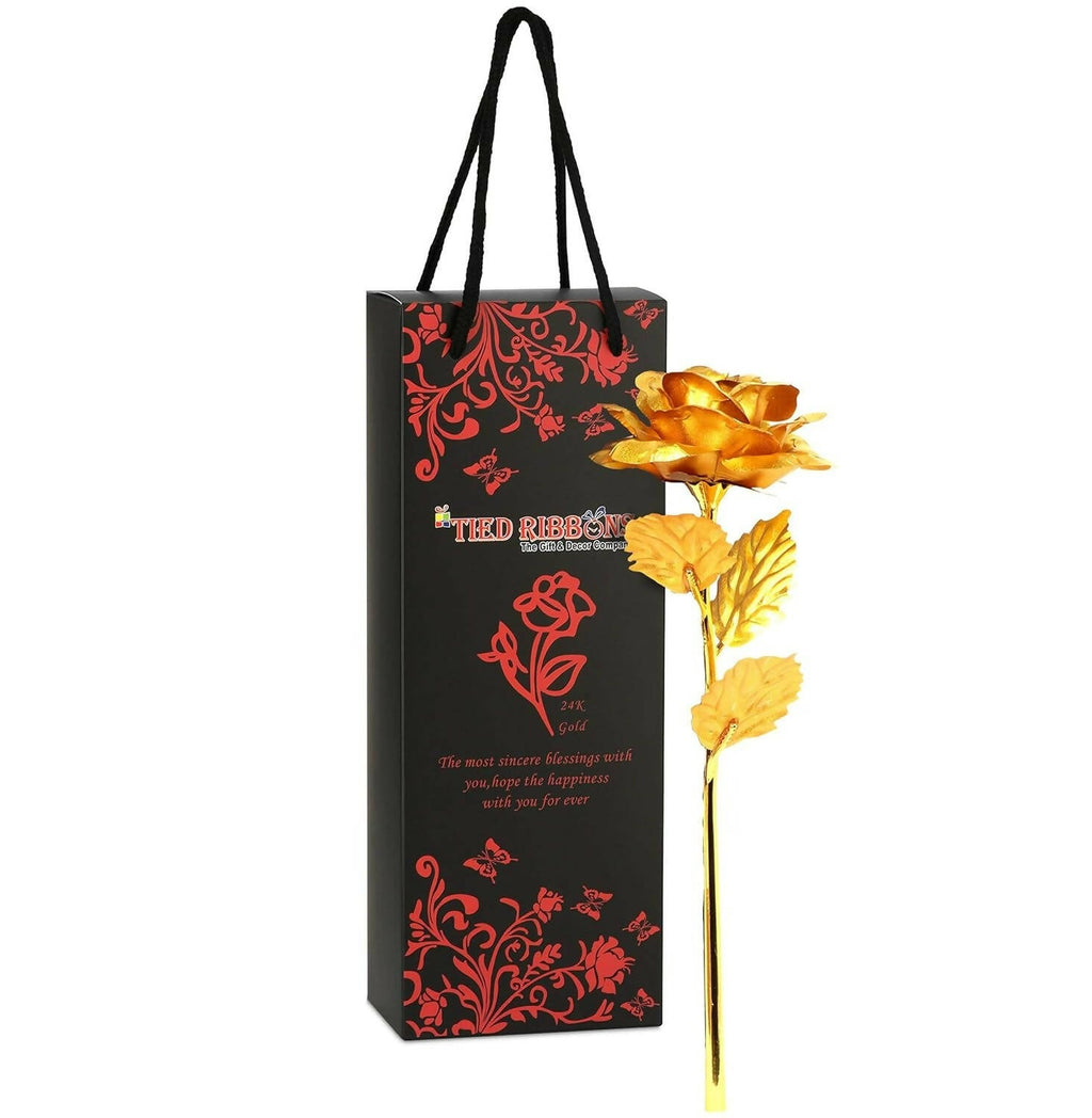 Tied Ribbons Gold-Polished Artificial Rose Flower With Box - Valentine's Day Gifts