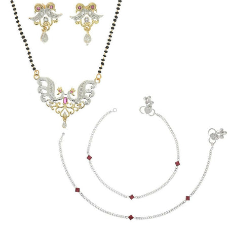 AanyaCentric Gold-Polished Mangalsutra Pendant Earring Set & Silver Plated Anklet
