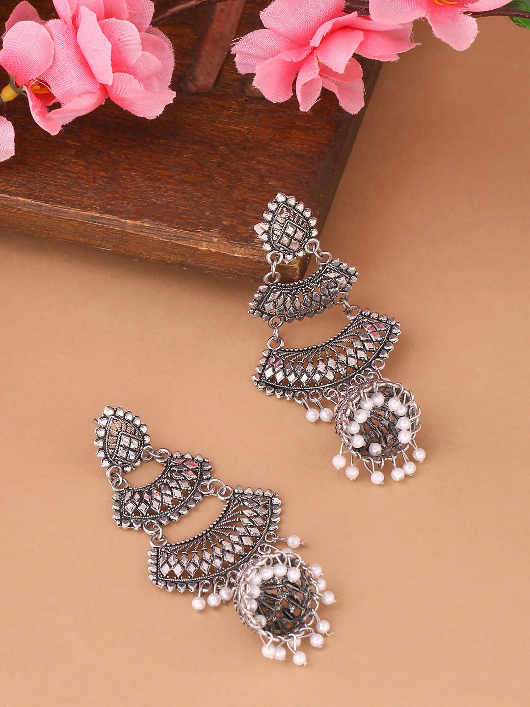 NVR Women Silver Toned Contemporary Jhumka Earrings - Distacart