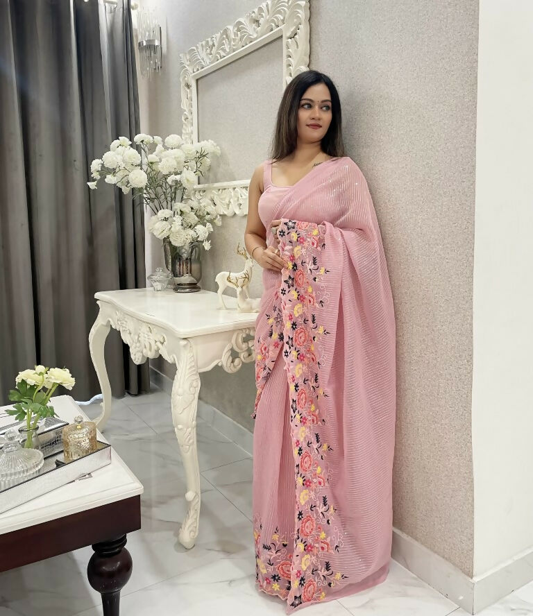Pink Shimmer Silk Multi Thread Sequence Embroidery Work Saree - Kashta