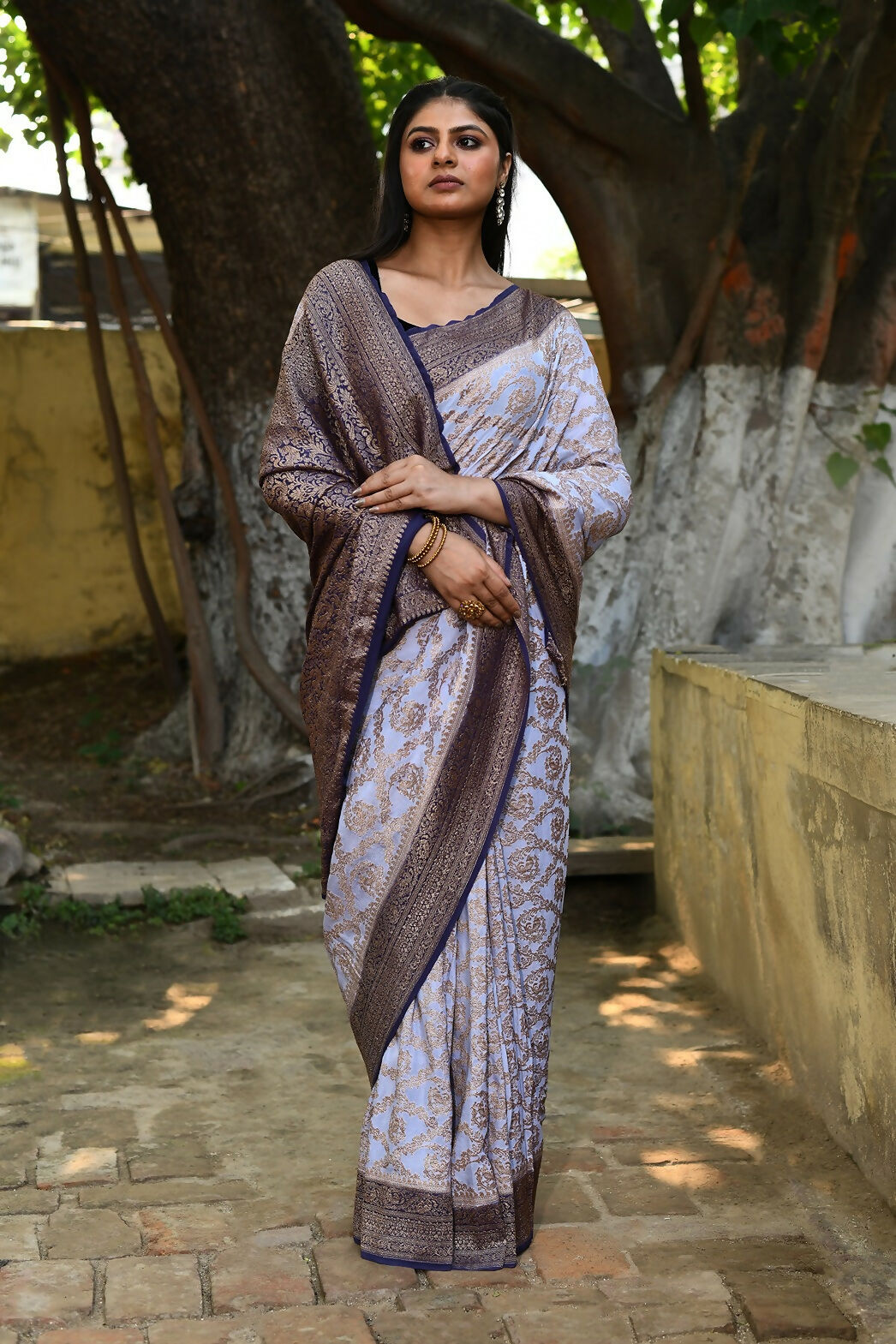 Joban Fashion Pastel Blue Crepe Chiffon Pure Handloom Banarasi Silk Saree