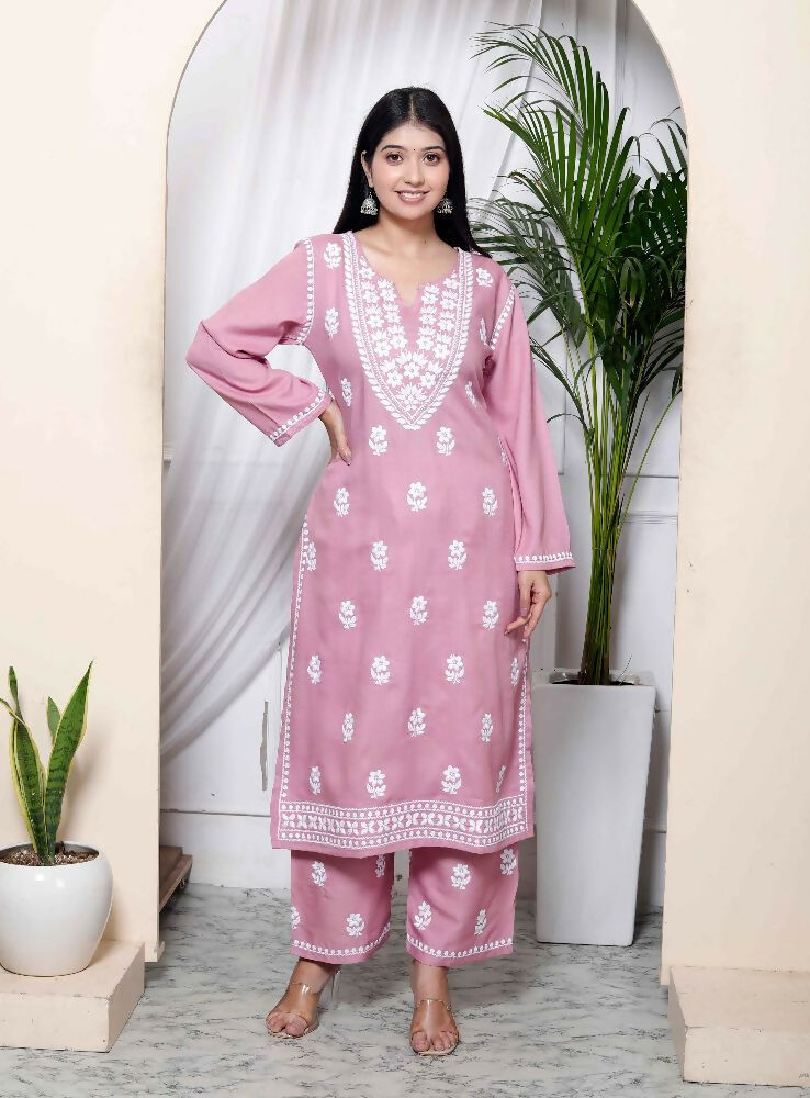 Miravan Womens Pink Embroidered Kurta With Palazzo - Distacart