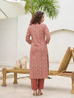 Yufta Yufta Embroidered Printed Maroon Cotton Kurta Set With Dupatta Set