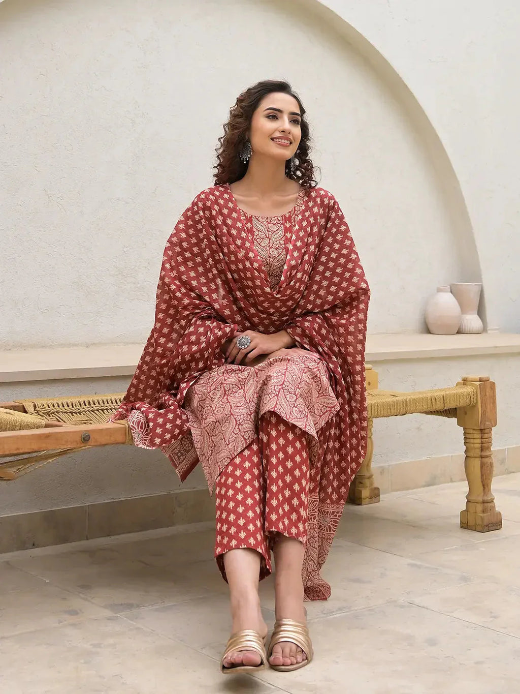 Yufta Yufta Embroidered Printed Maroon Cotton Kurta Set With Dupatta Set