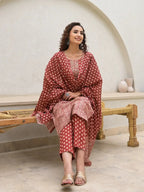 Yufta Yufta Embroidered Printed Maroon Cotton Kurta Set With Dupatta Set