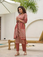 Yufta Yufta Embroidered Printed Maroon Cotton Kurta Set With Dupatta Set