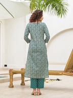 Yufta Yufta Embroidered Printed Teal Green Cotton Kurta Set With Dupatta Set