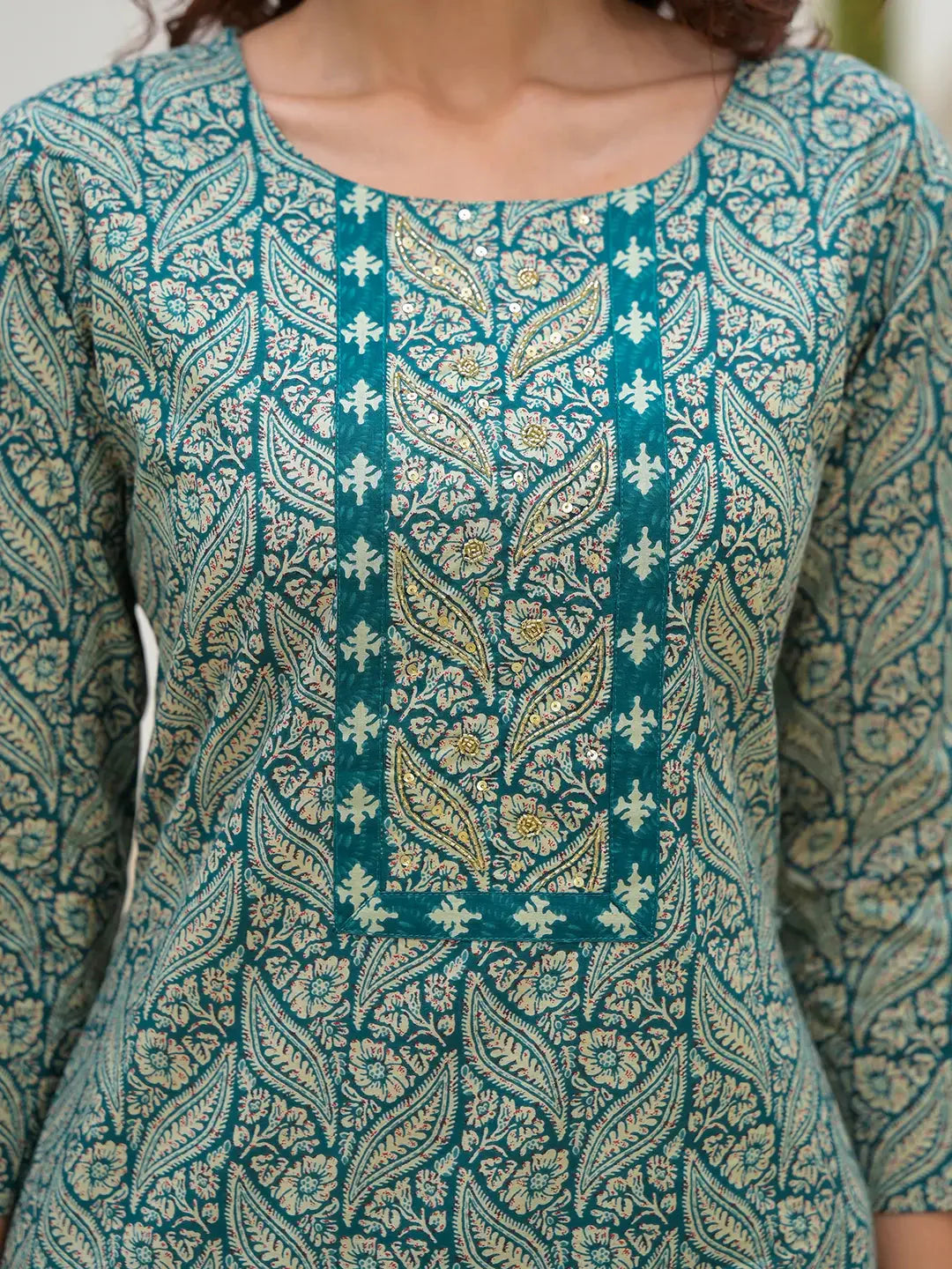 Yufta Yufta Embroidered Printed Teal Green Cotton Kurta Set With Dupatta Set