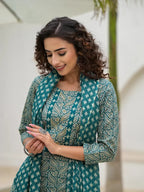 Yufta Yufta Embroidered Printed Teal Green Cotton Kurta Set With Dupatta Set