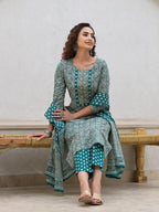 Yufta Yufta Embroidered Printed Teal Green Cotton Kurta Set With Dupatta Set