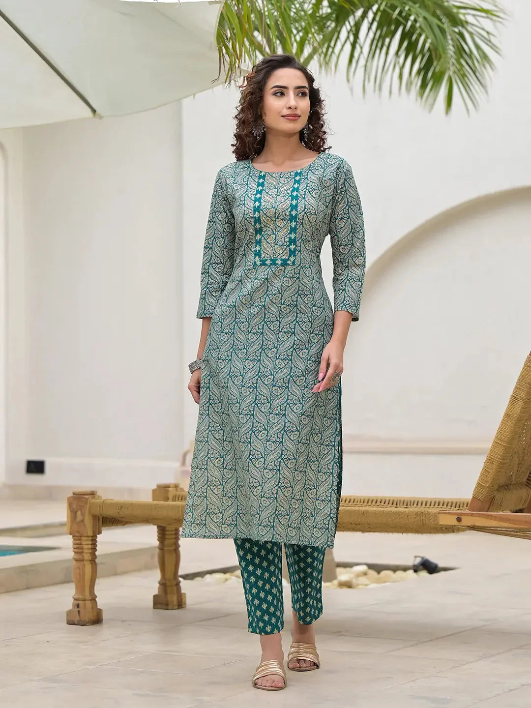 Yufta Yufta Embroidered Printed Teal Green Cotton Kurta Set With Dupatta Set