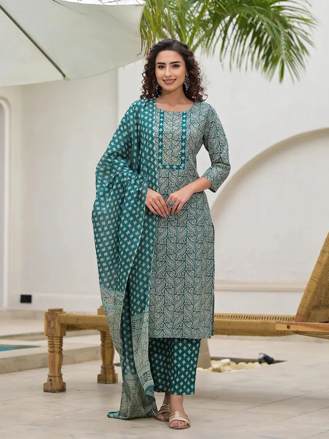 Yufta Yufta Embroidered Printed Teal Green Cotton Kurta Set With Dupatta Set