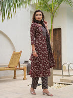 Yufta Yufta Piping On Yoke Floral Print Maroon Cotton Kurta Set With Dupatta Set
