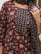 Yufta Yufta Piping On Yoke Floral Print Maroon Cotton Kurta Set With Dupatta Set