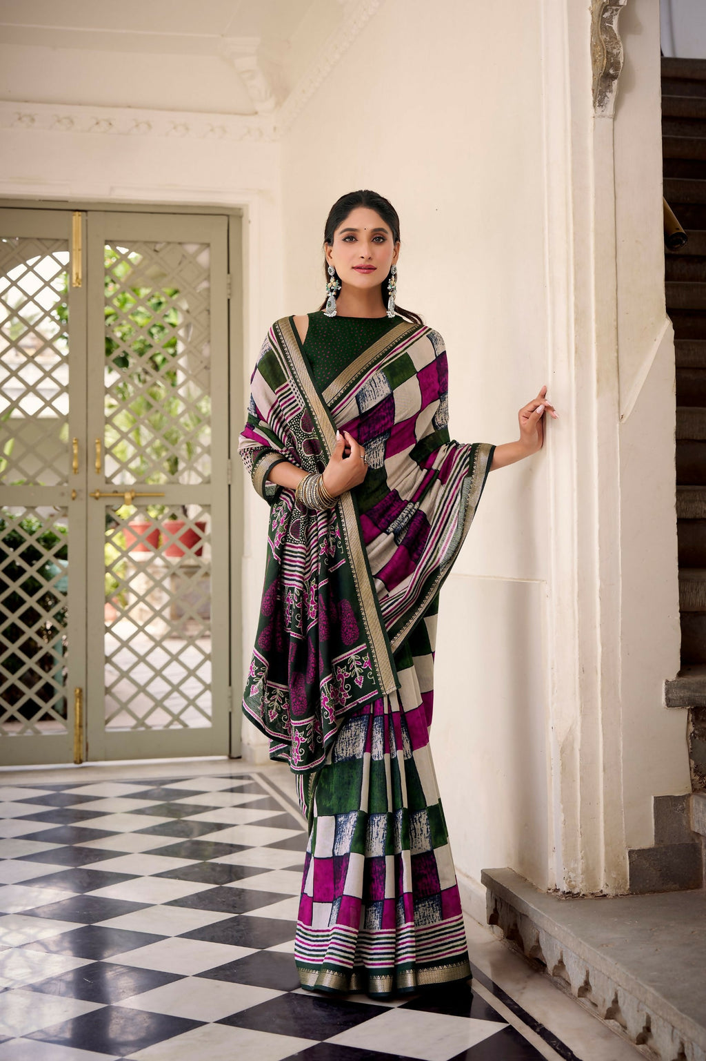 Vastranavya Green Viscose Chanderi Printed with Temple Border Saree & Unstitched Blouse - Distacart