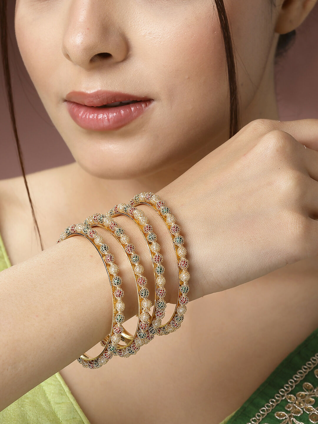 NVR Women's Set of 4 Gold-Plated Beads Handcrafted Traditional Bangles - Distacart
