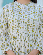 Kaajh Women's Yellow-White Floral Hand Block Printed Cotton Top