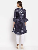 Myshka Women's Black Crep Printed Full Sleeve V Neck Casual Tunic