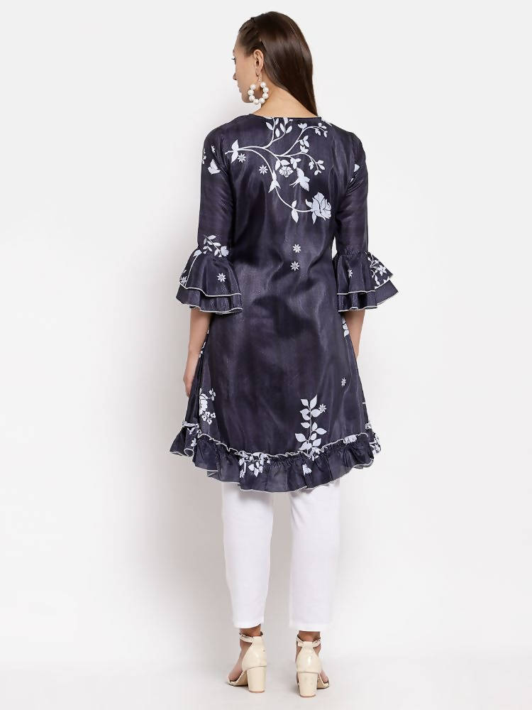 Myshka Women's Black Crep Printed Full Sleeve V Neck Casual Tunic