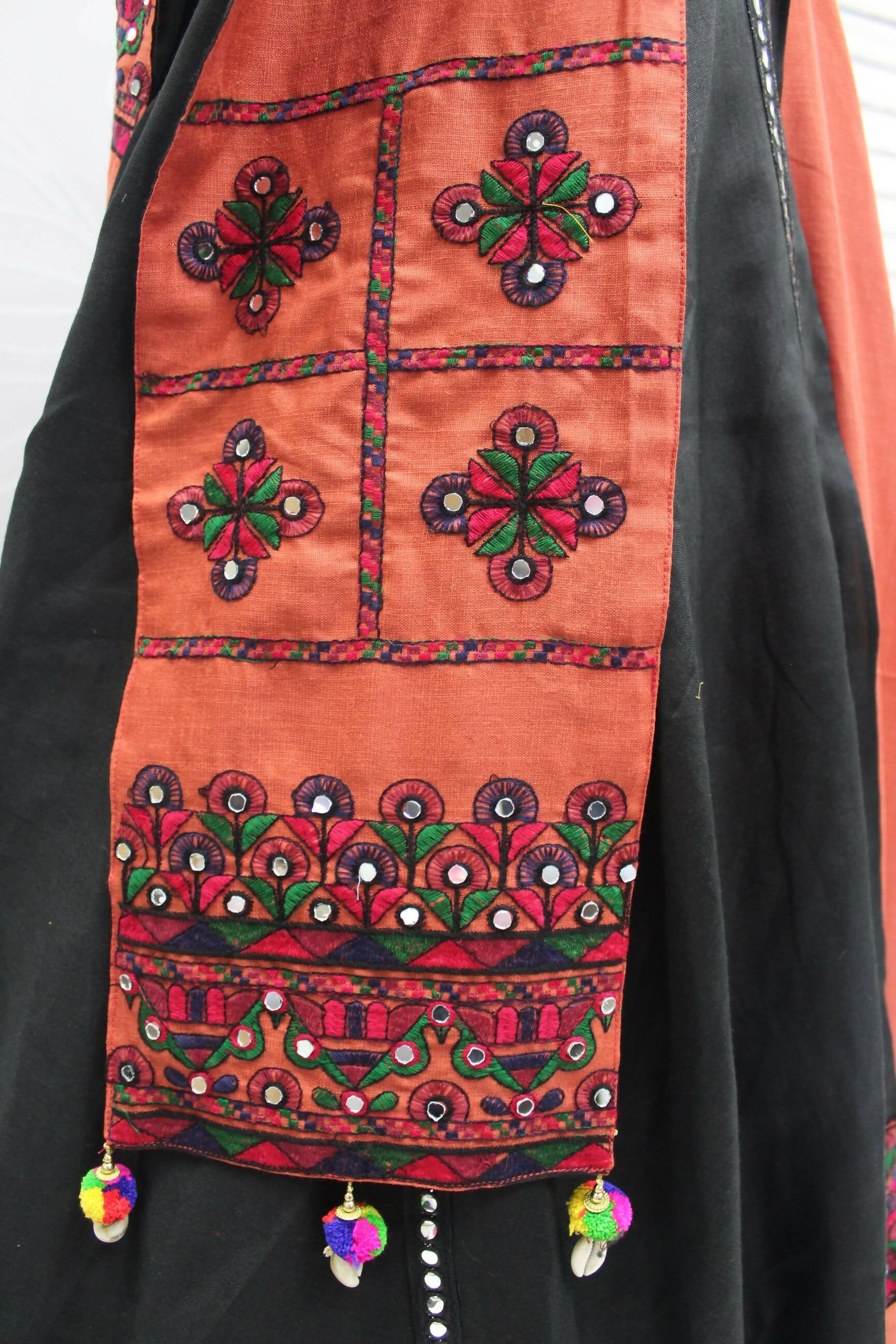 Orange Cotton Thread Embroidered Navratri Lehenga Choli with Dupatta - Raas