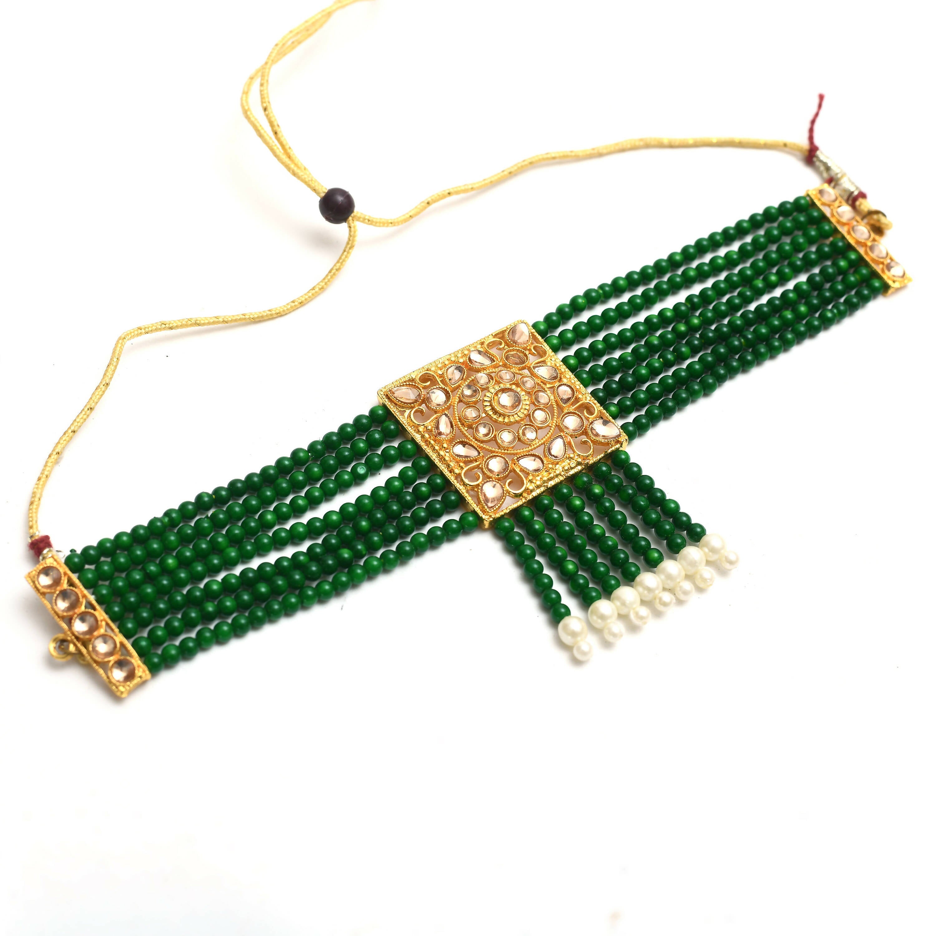 Mominos Fashion Johar Kamal Gold-Plated Kundan & Pearls Necklace Green/Golden Color Choker Set - Distacart