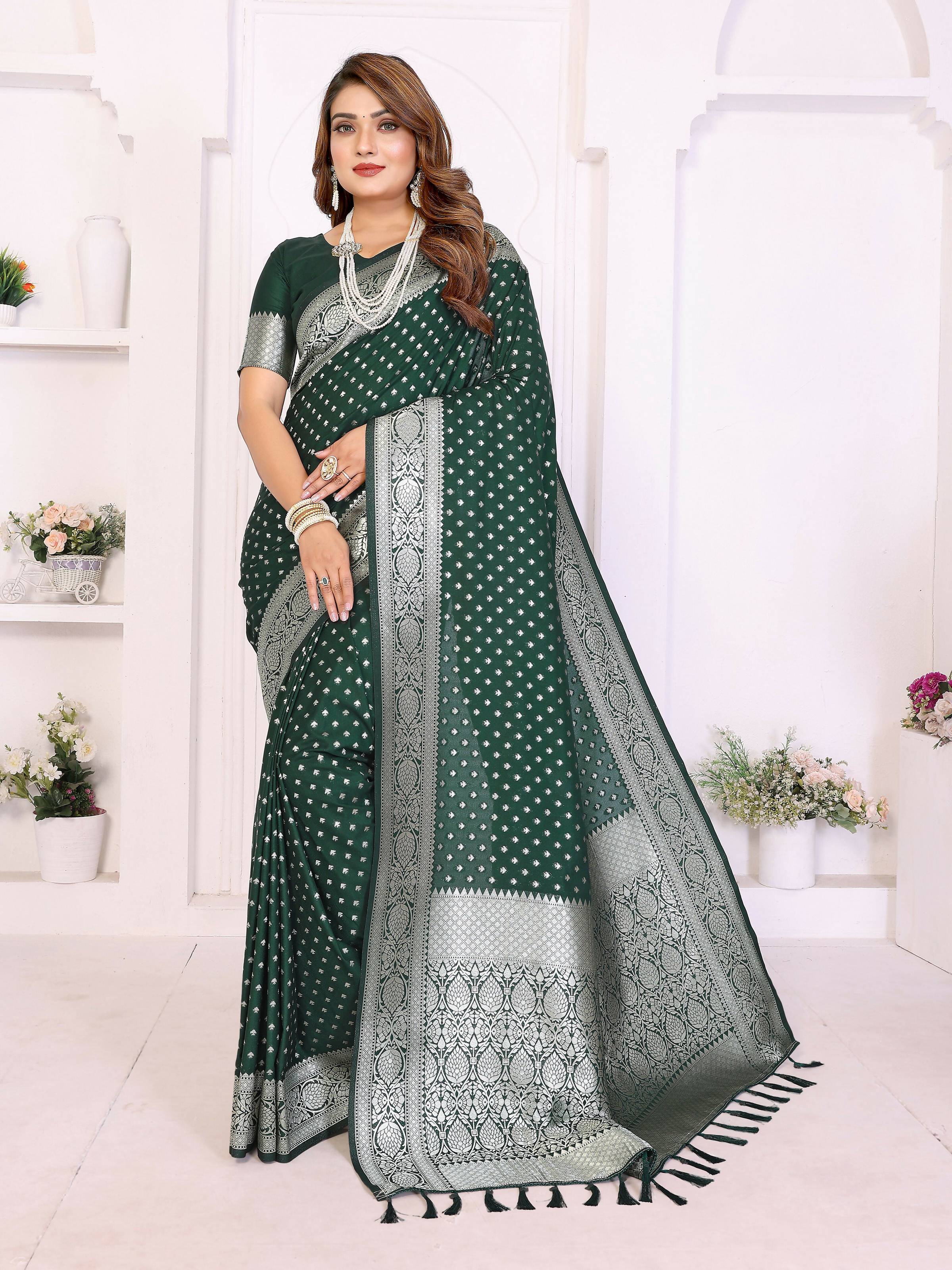 Aastha Fashion Green Georgette Silk Zari Weaving Saree - Distacart