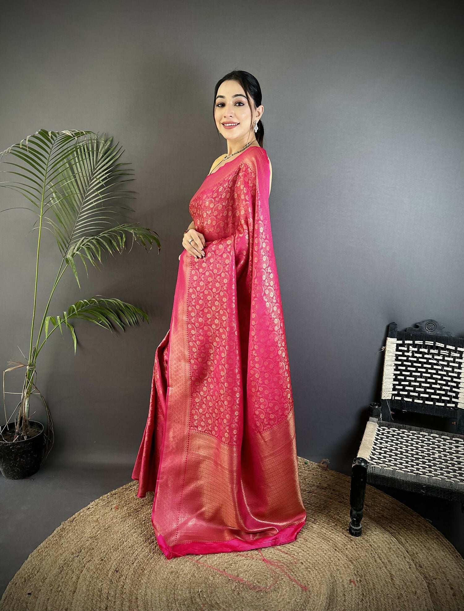 Joban Fashion Rani Pink Floral & Paisley Motifs Soft Satin Silk Banarasi Saree - Distacart