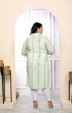 Miravan Women's Plus Size White And Green Tie Dye Cotton Kurti