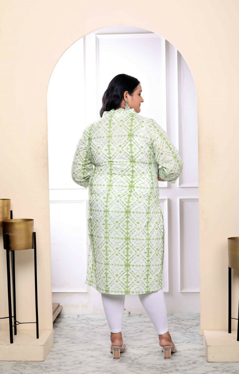 Miravan Women's Plus Size White And Green Tie Dye Cotton Kurti