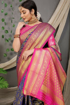 Jyoti Fashion Women's Navy Blue Kanjivaram Silk Zari Woven Saree with Blouse