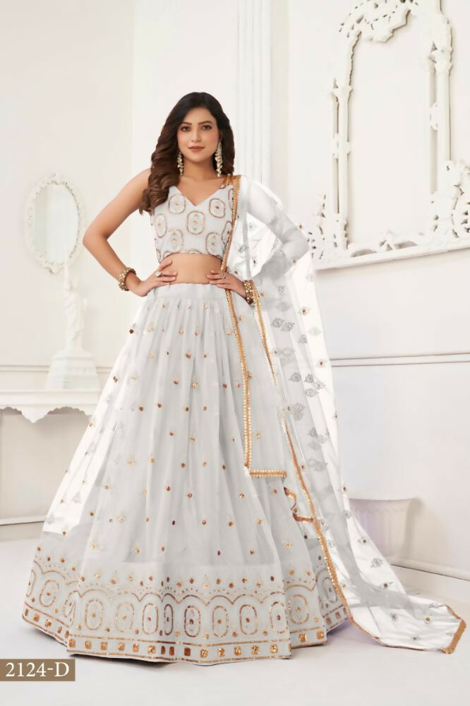 Aastha Fashion Off White Butterfly Net Tone To Tone Thread Work And Sandwich Sequence Work Embroidery Wedding Wear Lehenga Choli