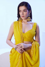 Yellow Moss Solid Designer & Lace Work Saree - Samaa