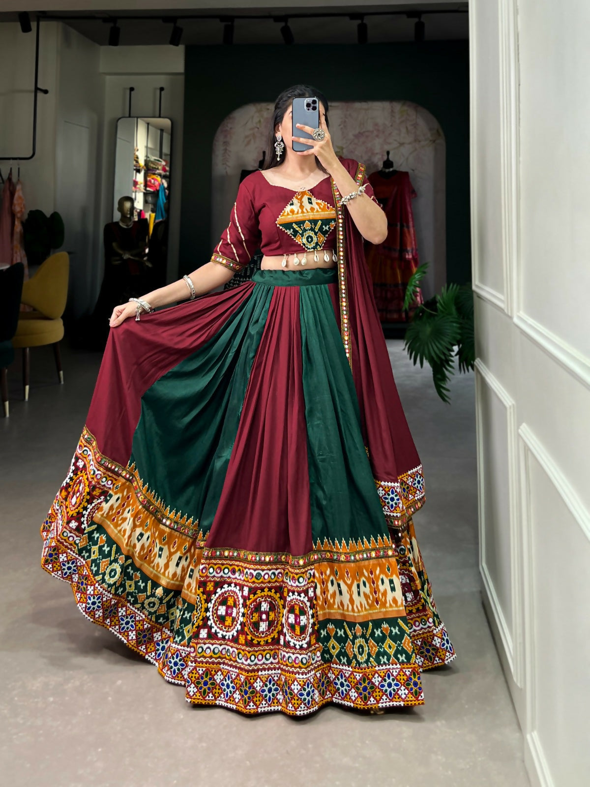 Vastranavya Navaratri Special Rayon with Printed Patch With Gota Patti And Paper Mirror Work And Cowrie (Kodi) Lace Touch Up Lehenga with Stitched Blouse - Maroon