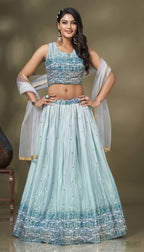 Blue Chinon Crush Mirror Foil work Lehenga Choli with Dupatta - Aakriti